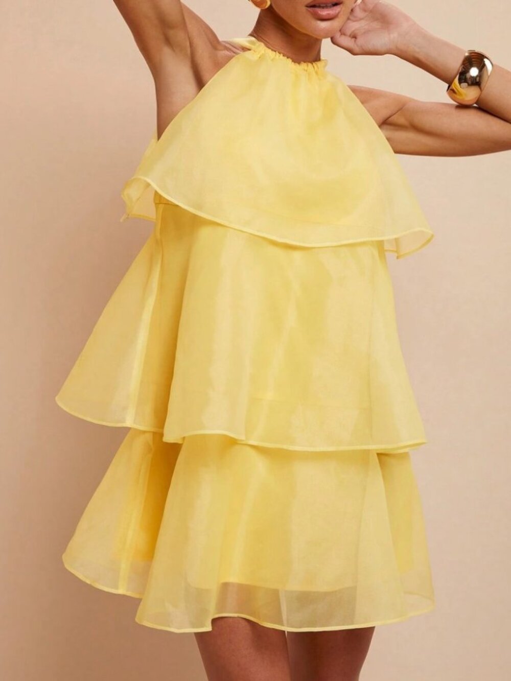 Yellow Organza Tiered Halter Mini Dress - Picture 5 of 6